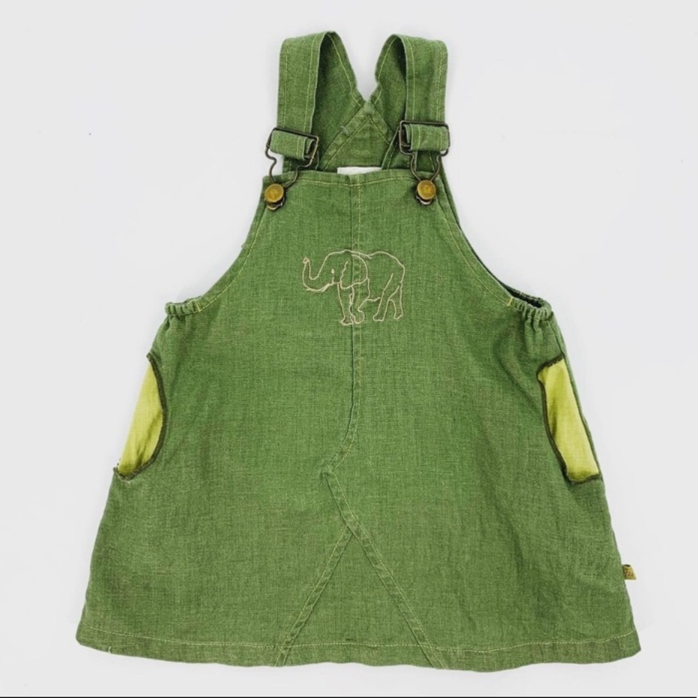 LINEN Lollipop Dress Overalls Jumper Romper Skirt Elephant Embroidered Green 12